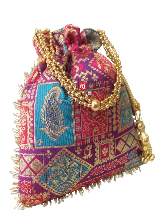 MILAN'S CREATION Patola Potli Banarasi Silk Brocade Bag Purse Drawstring Women's handbag with Pearl Handle & Tassel Weddings (Multicolor-Purple) - Image 3